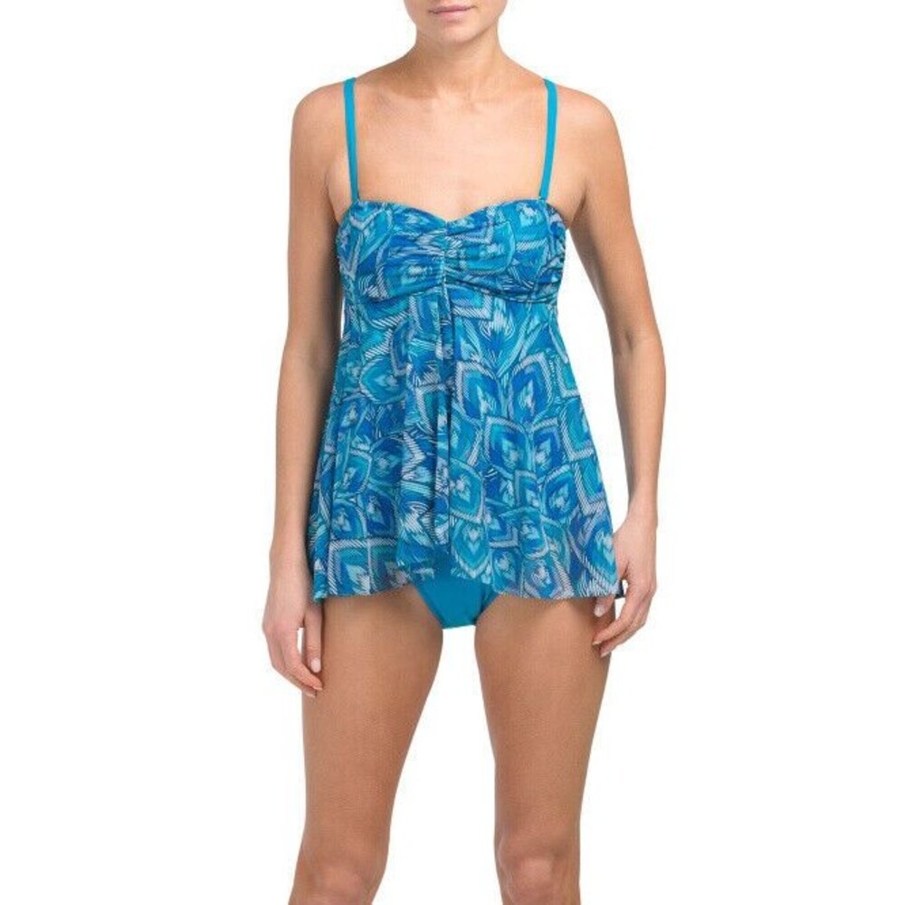 NWT GOTTEX 8 swimsuit fly away 1 piece bandeau blue feather design tummy control